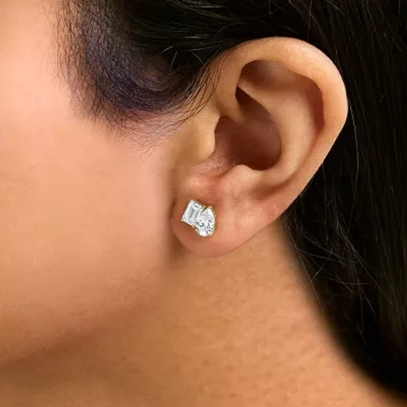 Lab Created 14K Gold 2.0 Cttw Emerald and Pear Toi et Moi Lab Grown Diamond Stud Earrings