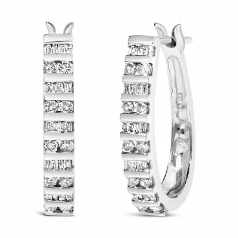 10K Gold 1.0 Cttw Alternating Diamond "U" Hoop Earrings