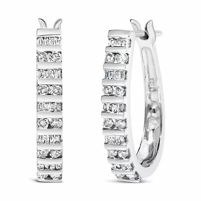 10K Gold 1.0 Cttw Alternating Diamond "U" Hoop Earrings