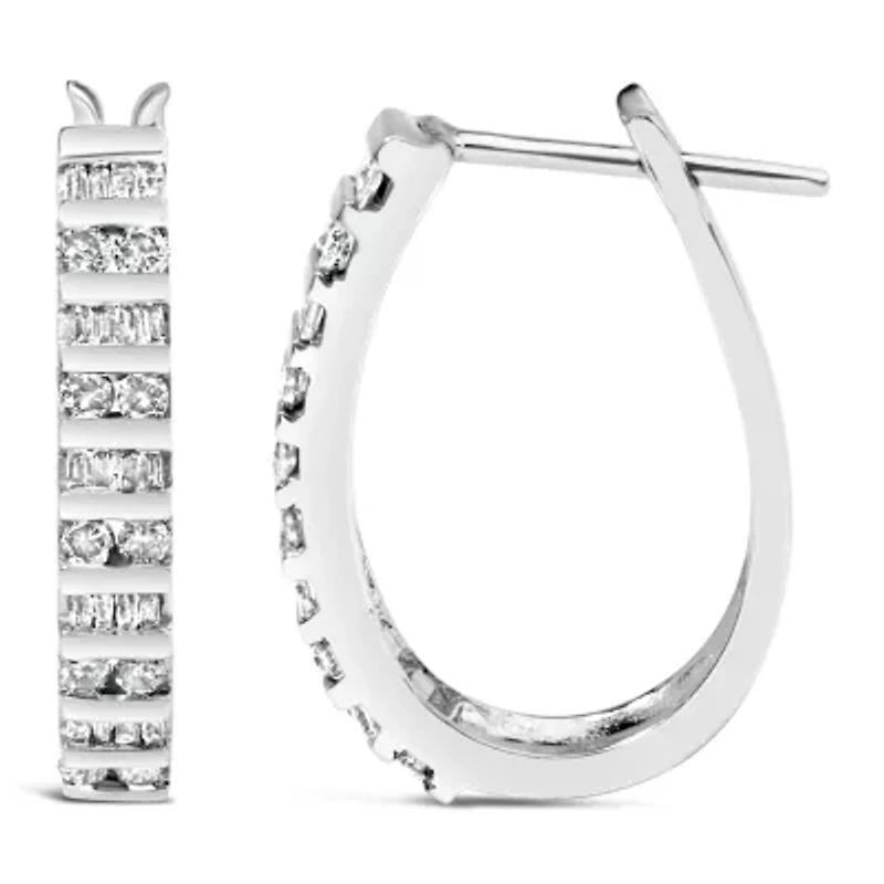 10K Gold 1.0 Cttw Alternating Diamond "U" Hoop Earrings