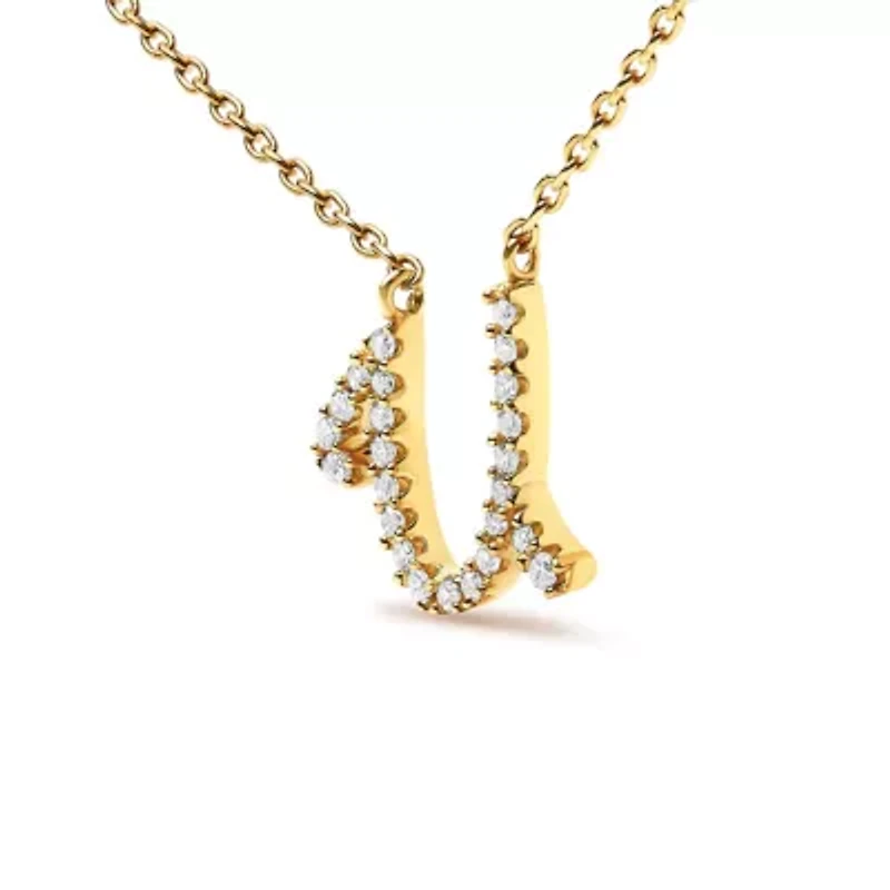 10K Yellow Gold Diamond Accent "A-Z" Initial Script Style Pendant Necklace