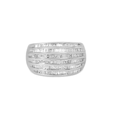 Silver 1.0 Cttw Channel Set Baguette Diamond 6-Row Domed Cocktail Ring
