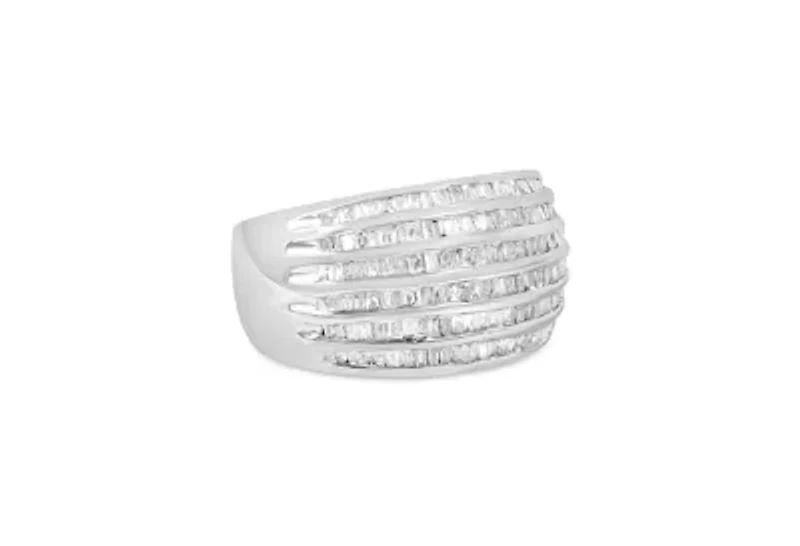 Silver 1.0 Cttw Channel Set Baguette Diamond 6-Row Domed Cocktail Ring
