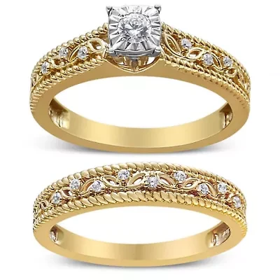 14K Yellow Gold Plated .925 Sterling Silver 1/5 Cttw Diamond Art Deco Style Engagement Ring Bridal Set