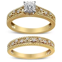 14K Yellow Gold Plated .925 Sterling Silver 1/5 Cttw Diamond Art Deco Style Engagement Ring Bridal Set