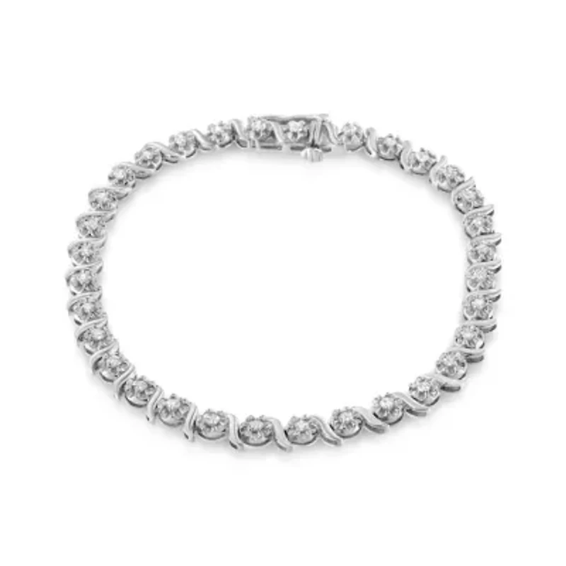 .925 Sterling Silver 1.0 Cttw Diamond Spiral Wave Curved-Link 7" Tennis Bracelet