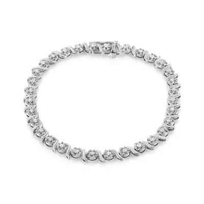 .925 Sterling Silver 1.0 Cttw Diamond Spiral Wave Curved-Link 7" Tennis Bracelet