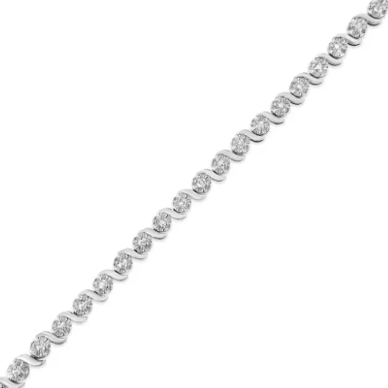 .925 Sterling Silver 1.0 Cttw Diamond Spiral Wave Curved-Link 7" Tennis Bracelet