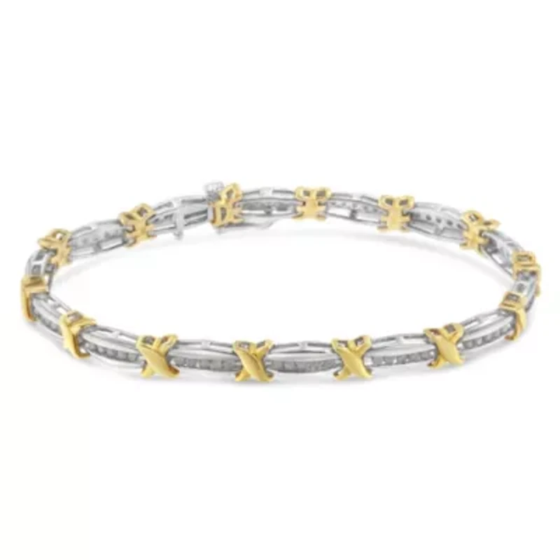 10K Yellow Gold over Silver 1.0 Cttw Diamond Tapered & X-Link Tennis Bracelet