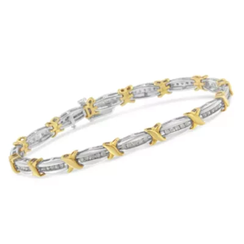 10K Yellow Gold over Silver 1.0 Cttw Diamond Tapered & X-Link Tennis Bracelet