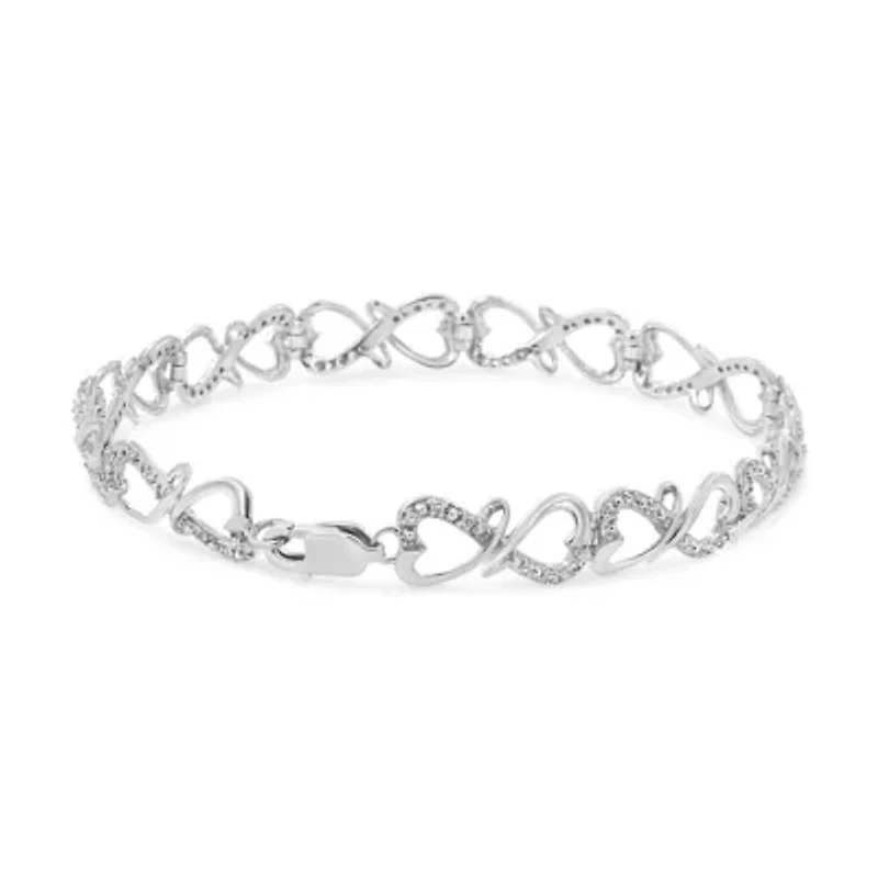 Silver 1/3 Cttw Round-Cut Diamond Double Heart Infinity Link 7.25" Bracelet