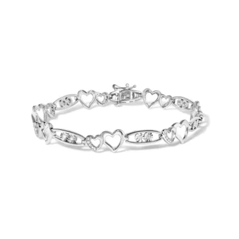 925 Sterling Silver 1/5 Cttw Diamond Double Heart Link Bracelet - 7.25" Inches