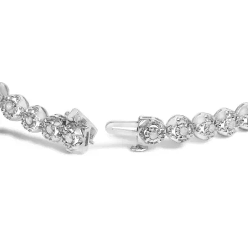 Silver 1.0 Cttw Diamond Open Quatrefoil Flower Circle-Link 7" Tennis Bracelet