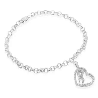 Silver 1/4 Cttw Diamond-Accented Heart and Ribbon Charm 7" Link Chain Bracelet