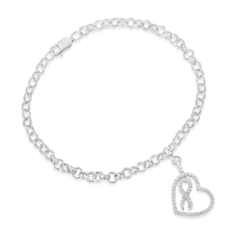 Silver 1/4 Cttw Diamond-Accented Heart and Ribbon Charm 7" Link Chain Bracelet