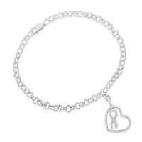 Silver 1/4 Cttw Diamond-Accented Heart and Ribbon Charm 7" Link Chain Bracelet