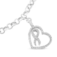 Silver 1/4 Cttw Diamond-Accented Heart and Ribbon Charm 7" Link Chain Bracelet