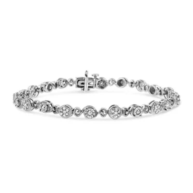 .925 Sterling Silver 1.0 Cttw Diamond Swirl Beaded Link Bracelet - 7.25" Inches