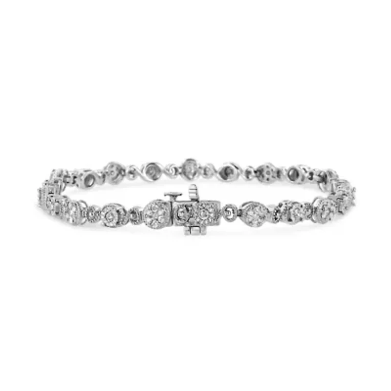 .925 Sterling Silver 1.0 Cttw Diamond Swirl Beaded Link Bracelet - 7.25" Inches