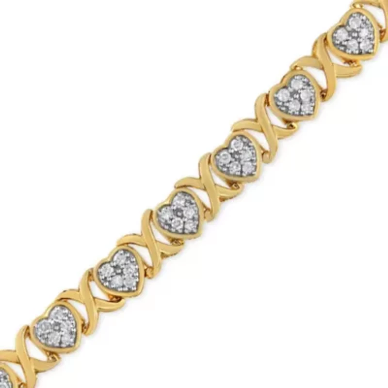 14KY Yellow Gold Plated Silver 1.00 Cttw Diamond Heart and X Link Bracelet