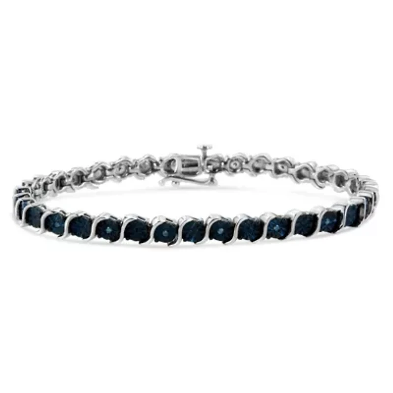 Silver 1/10 Cttw Treated Blue Color Diamond Miracle Plate "S" Link Tennis Bracelet