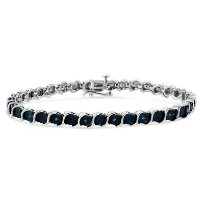 Silver 1/10 Cttw Treated Blue Color Diamond Miracle Plate "S" Link Tennis Bracelet