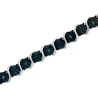 Silver 1/10 Cttw Treated Blue Color Diamond Miracle Plate "S" Link Tennis Bracelet
