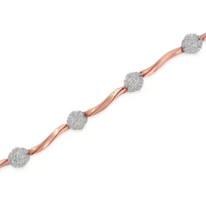 .925 10k Rose Gold Over Sterling Silver 1.0 cttw Diamond Floral Link Bracelet
