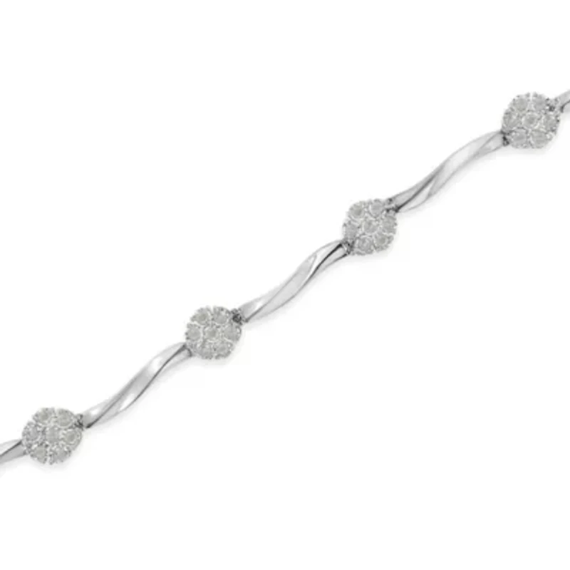 Silver 1.0 cttw Miracle-Set Diamond 7 Stone Floral Cluster Link Bracelet -7"