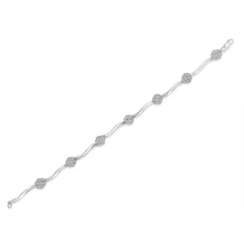 Silver 1.0 cttw Miracle-Set Diamond 7 Stone Floral Cluster Link Bracelet -7"