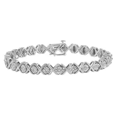 Silver 1/10 cttw Miracle-Set Round-Cut Diamond "X" Link Tennis Bracelet - 7.25"