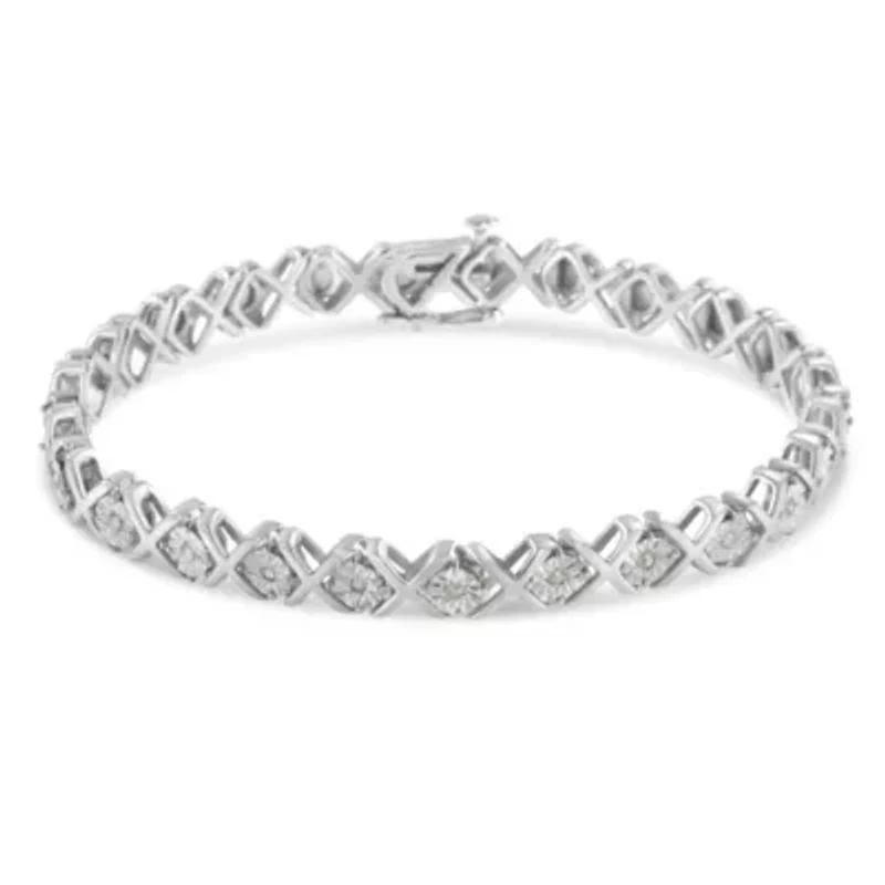 Silver 1/10 cttw Miracle-Set Round-Cut Diamond "X" Link Tennis Bracelet - 7.25"