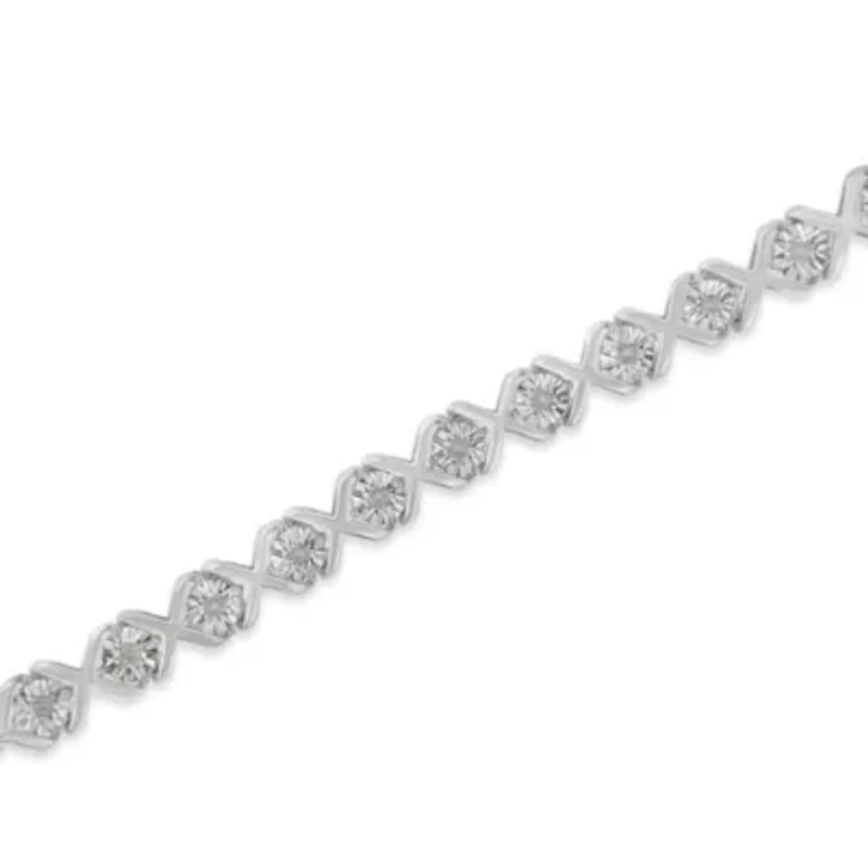 Silver 1/10 cttw Miracle-Set Round-Cut Diamond "X" Link Tennis Bracelet - 7.25"