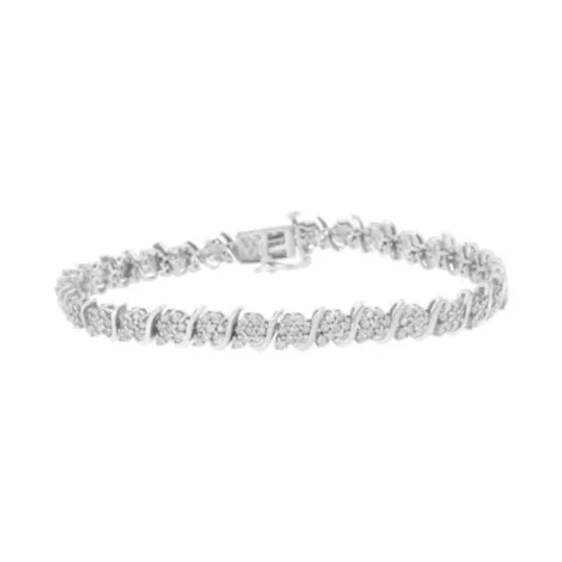 .925 Sterling Silver Diamond Floral Cluster Link Bracelet - Size 7.25"