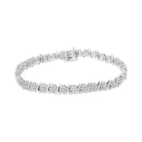 .925 Sterling Silver Diamond Floral Cluster Link Bracelet - Size 7.25"