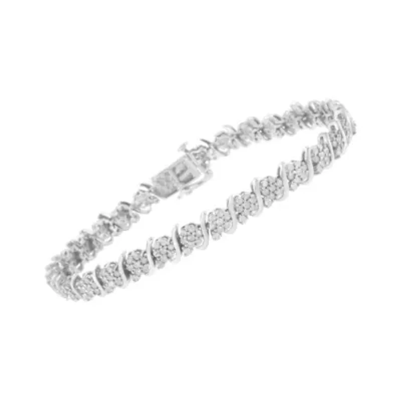 .925 Sterling Silver Diamond Floral Cluster Link Bracelet - Size 7.25"