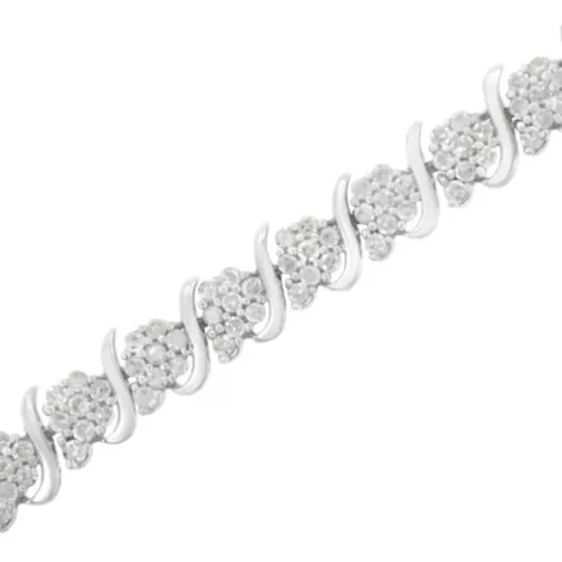.925 Sterling Silver Diamond Floral Cluster Link Bracelet - Size 7.25"