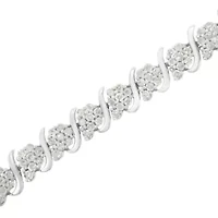 .925 Sterling Silver Diamond Floral Cluster Link Bracelet - Size 7.25"