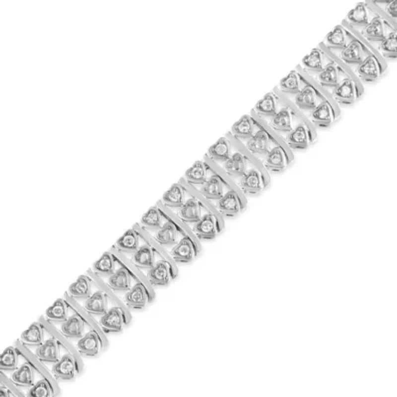 Silver 1.00 Cttw Diamond Multi Row Heart Link Bracelet - 7.25" Inches