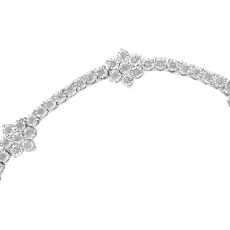 Silver 1.0 cttw Miracle-Set Diamond Floral Station Tennis Bracelet - 7-1/2"
