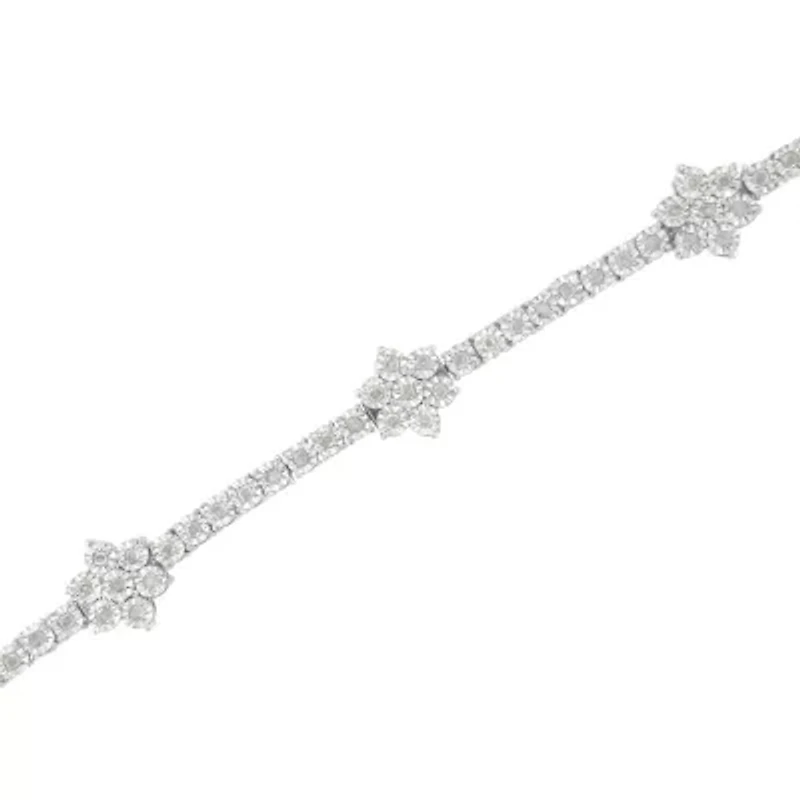 Silver 1.0 cttw Miracle-Set Diamond Floral Station Tennis Bracelet - 7-1/2"