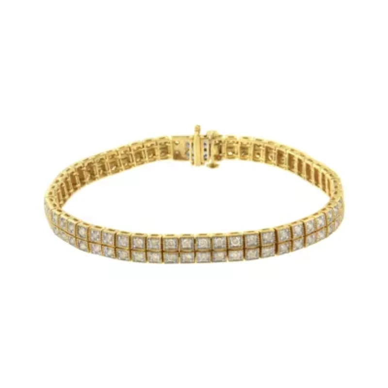 14K Yellow Gold over Silver 3.0 Cttw Diamond Double Row Link Tennis Bracelet