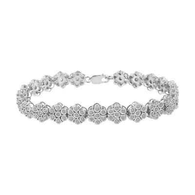 Silver 2.0 cttw Diamond 7 Stone Floral Cluster Link Bracelet -7.25"