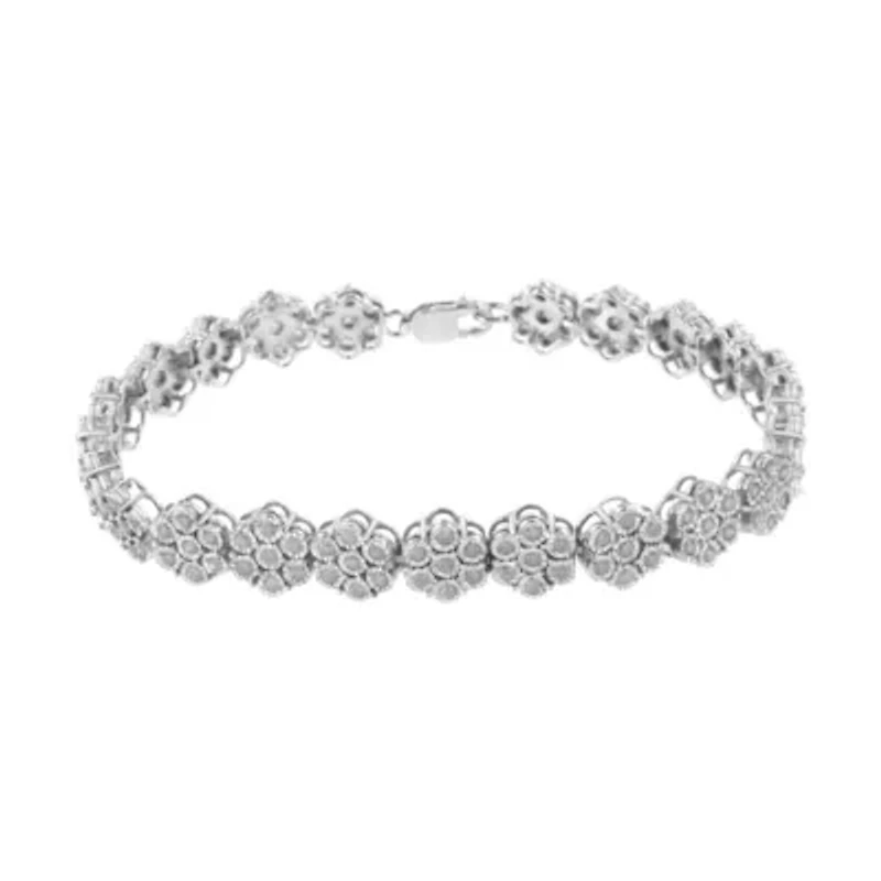 Silver 2.0 cttw Diamond 7 Stone Floral Cluster Link Bracelet -7.25"