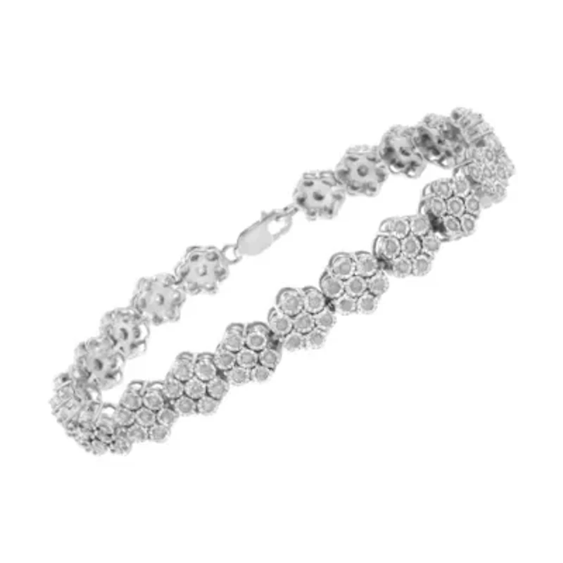 Silver 2.0 cttw Diamond 7 Stone Floral Cluster Link Bracelet -7.25"