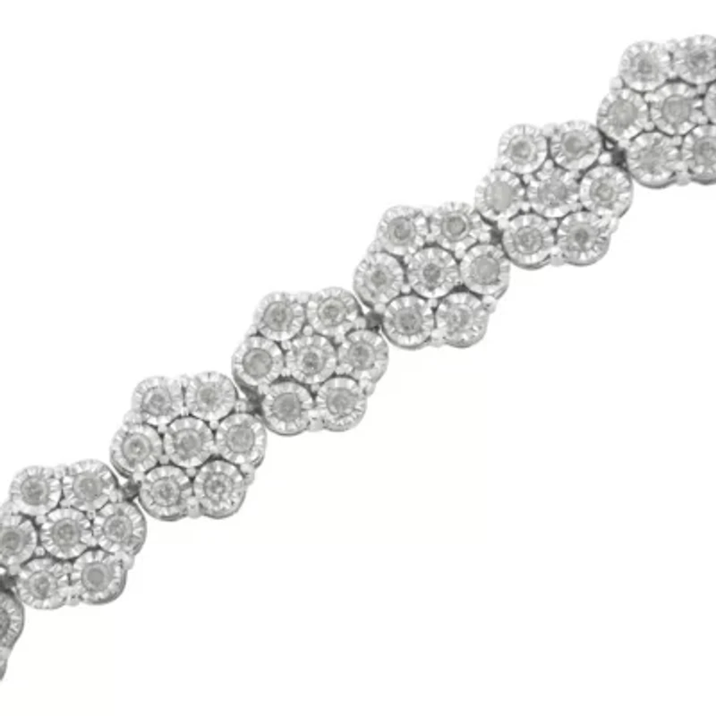 Silver 2.0 cttw Diamond 7 Stone Floral Cluster Link Bracelet -7.25"
