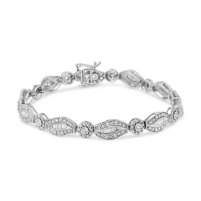 Silver 1 cttw Diamond Double Leaf and Bezel Link Bracelet - Size 7.25"