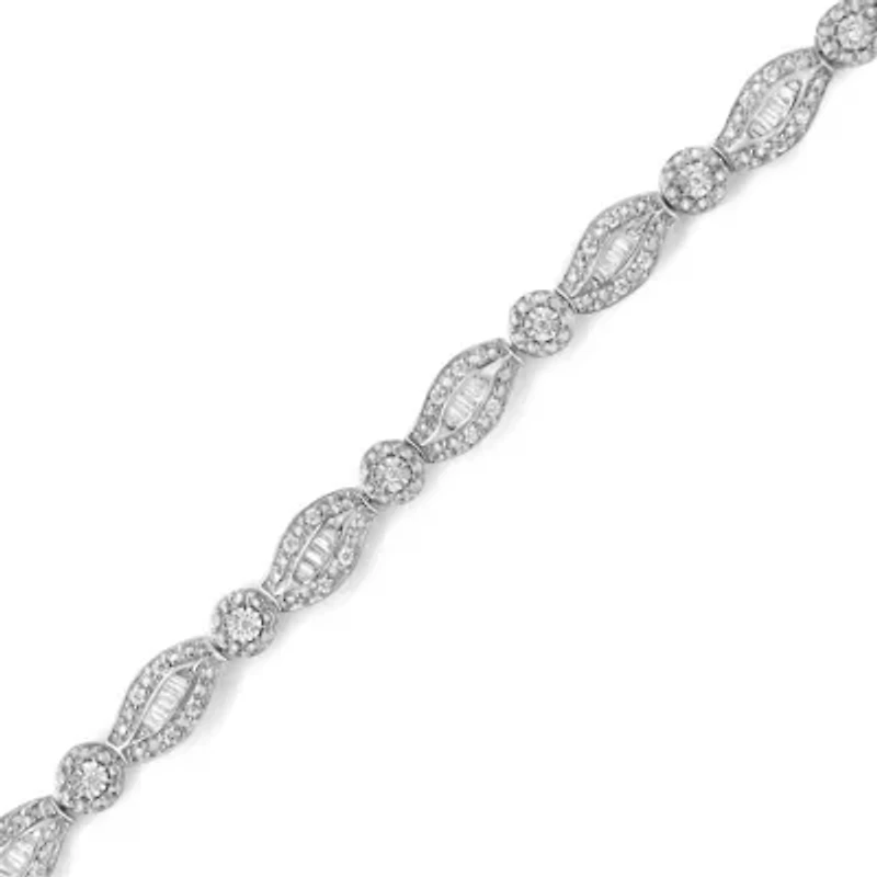 Silver 1 cttw Diamond Double Leaf and Bezel Link Bracelet - Size 7.25"