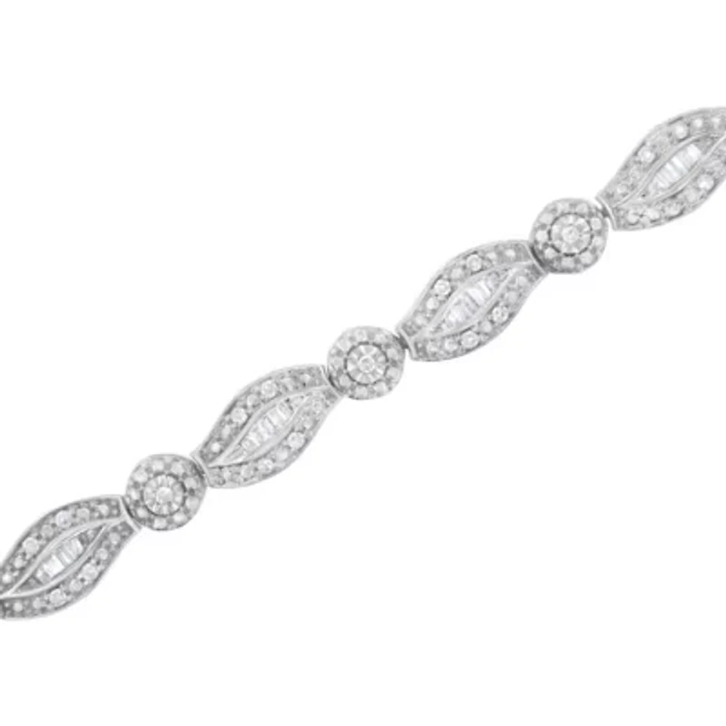 Silver 1 cttw Diamond Double Leaf and Bezel Link Bracelet - Size 7.25"