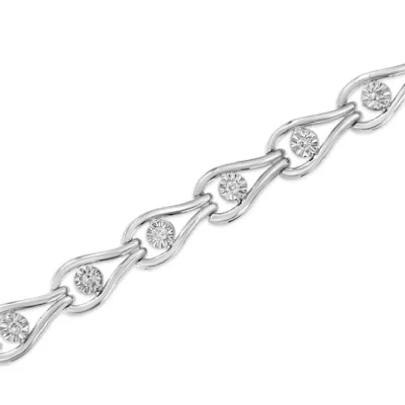 Silver 1/10 Cttw Miracle-Set Diamond Pear Shape and Bezel Link Bracelet - 7.25"
